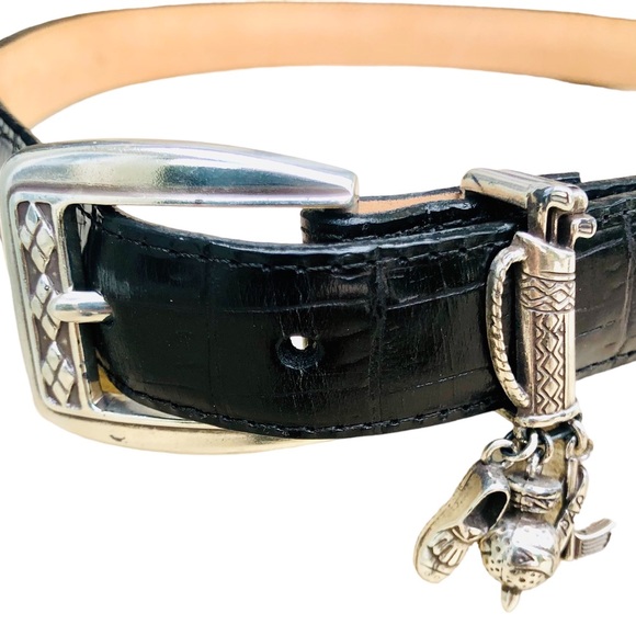 Brighton black textured leather golf belt with 3 charms and reptile skin Sz S/28 - Picture 9 of 16